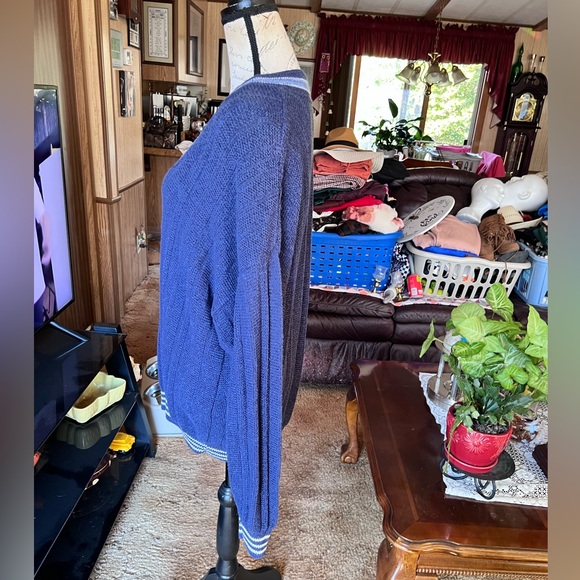 Vintage 1991 Jantzen Knit Navy Blue striped Mens Made In USA Pullover Cardigan. - Picture 9 of 16